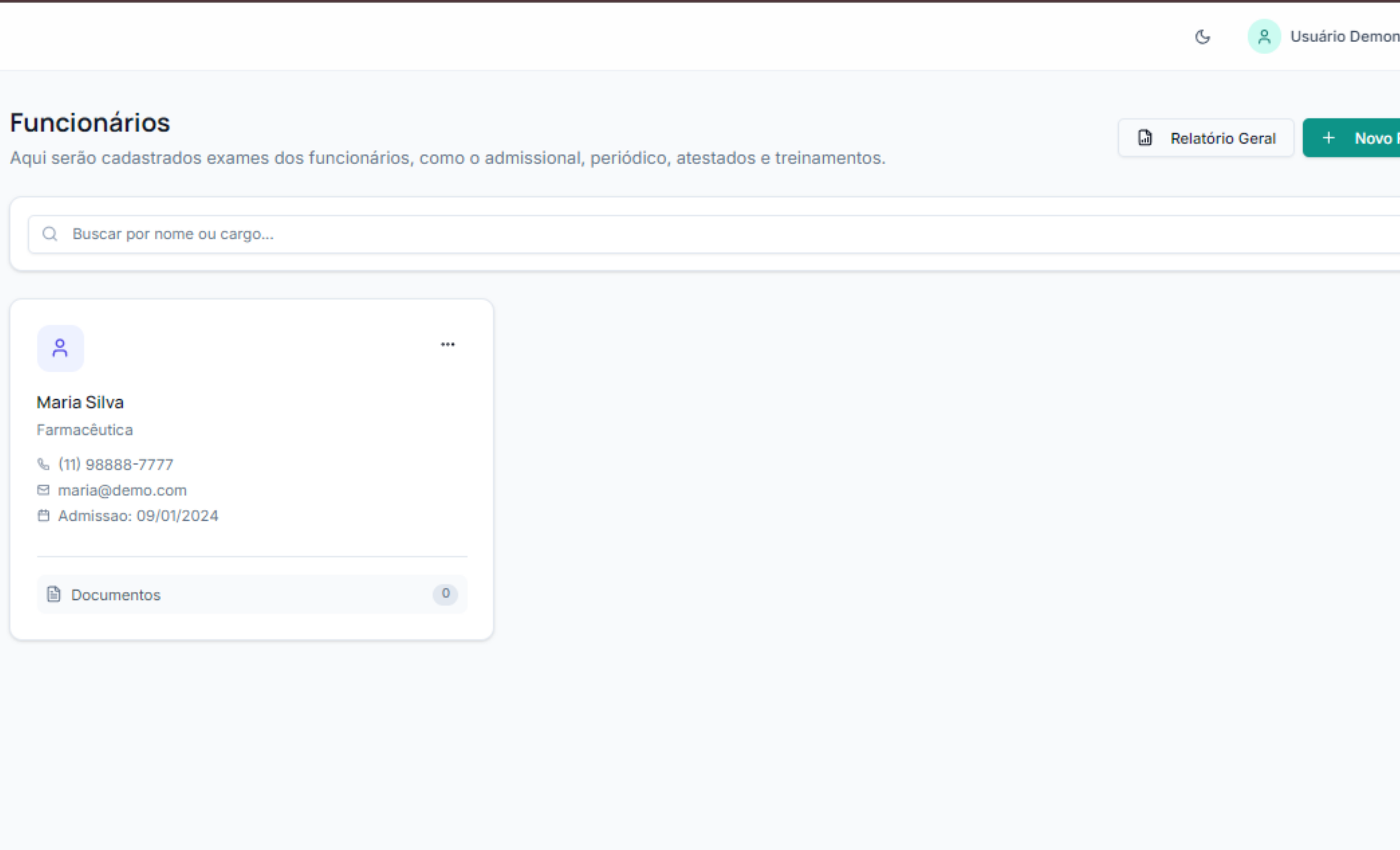 Tela de gestão de funcionários